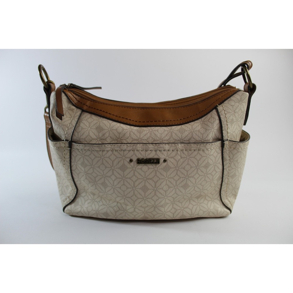 Rosetti Satchel Handbag Beige Geometric Print Brown Faux Leather Strap Pockets